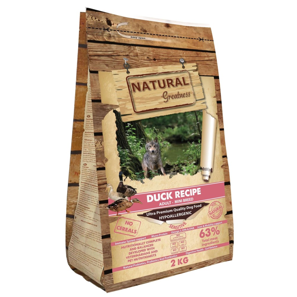 Natural Greatness Mini Duck Sensitive to karma ultrapremium dla wszystkich dorosłych psów małych ras opracowana z myślą o wrażliwym układzie pokarmowym naszych podopiecznych. Mięso z kaczki oraz naturalne dodatki zapewniają doskonałą przyswajalność oraz smakowitość.
